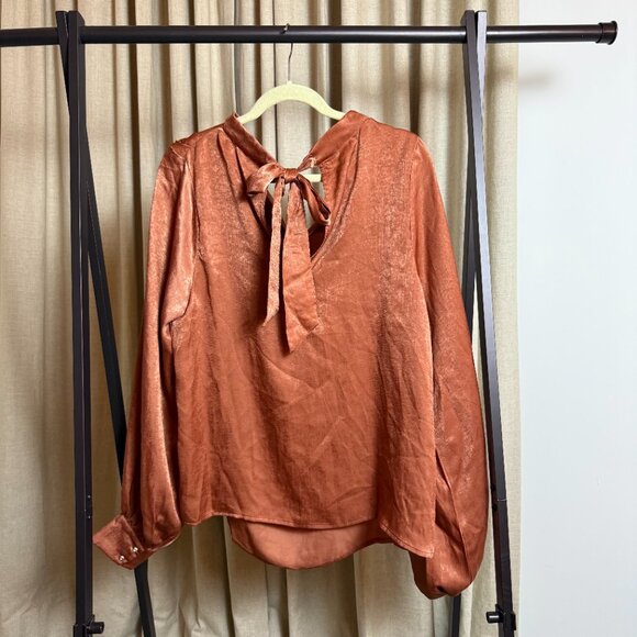 Aura | Size L | Silky Terracotta Cowl Blouse with Bow Neck and Jewel Buttons - Picture 3 of 11